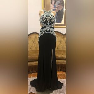 Rachel Allan Black halter beaded jersey gown with turquoise Embellishments 2